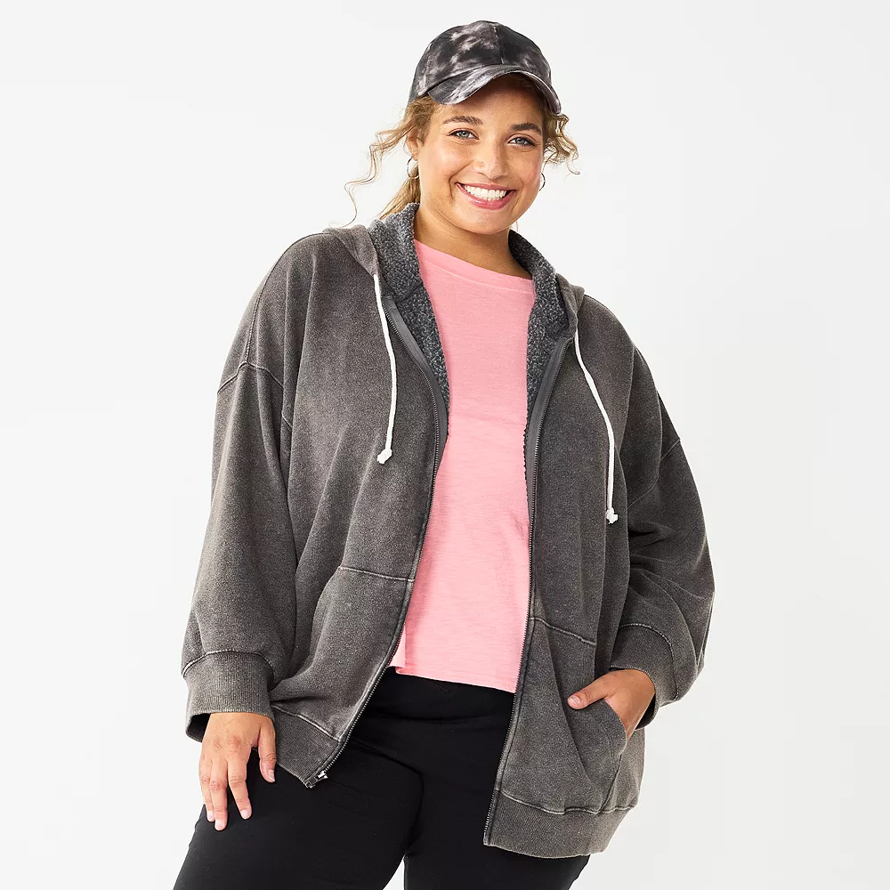 Juniors' Plus Size SO® Solid Oversized Zip-Up Hoodie - Image 2